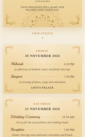 Saffron Bloom wedding invitation events details preview