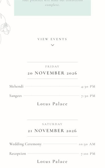 Subtle Nature wedding invitation events details preview