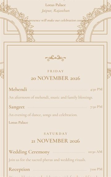 Vintage wedding invitation events details preview
